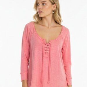 FP We The Free Long Sleeve Lace Up Top Sz M Peach Cotton Preppy Dopamine